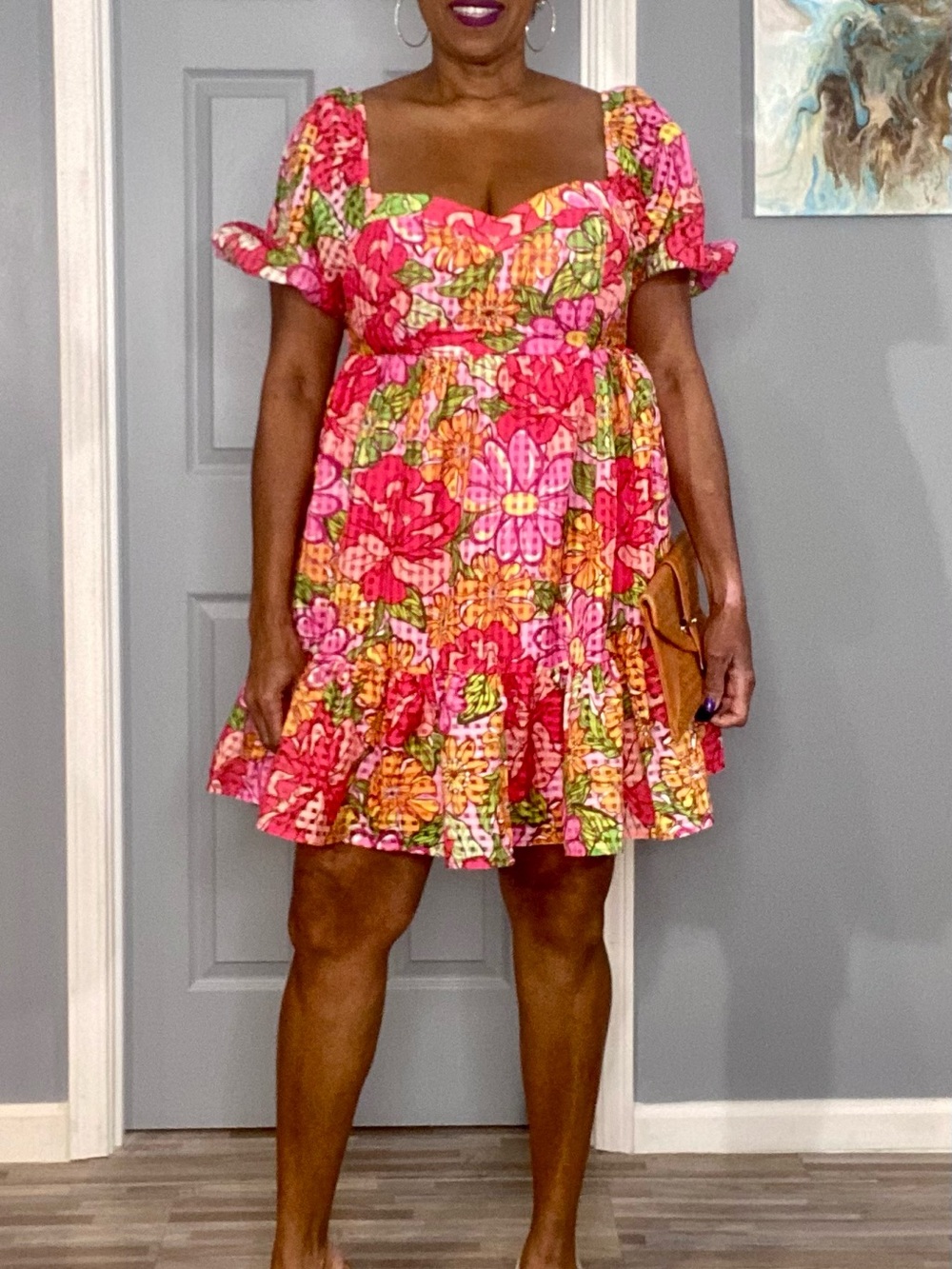 Flying Tomatoes Bright Pink Floral Puff-Sleeve Casual Dress